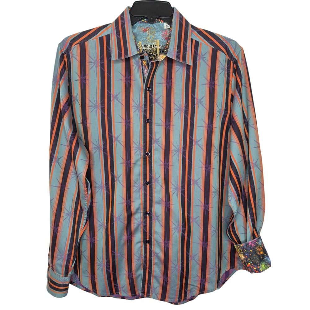 Robert Graham Purple Stars Striped Flip Cuff Shirt Mens XL 25x31